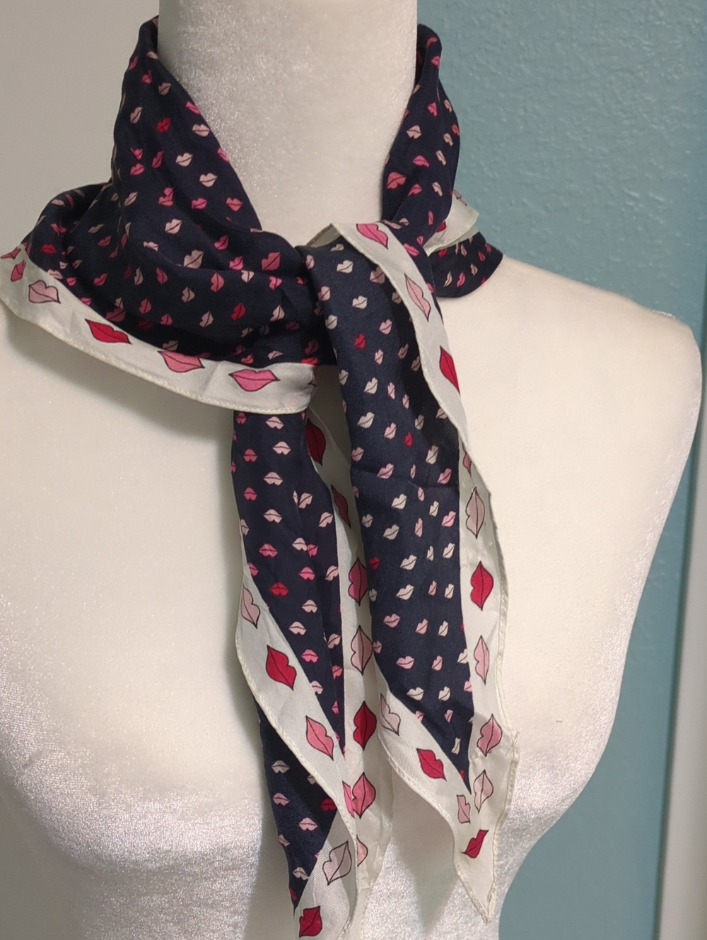 Kate Spade Women’s Navy and Pink Lip Print Silk Scarf